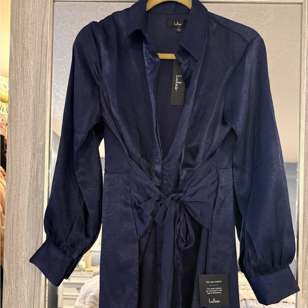 Lulu's Deep Blue Satin Dress Tie Front NWT Small
